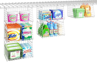 3-Tier Hanging Laundry Basket Organizer：Foldable Wire Shelf Laundry Room Organizer with 360°Rotating Hooks Small Space Solutions Pantry Baskets - Laundry Organization, White Patent