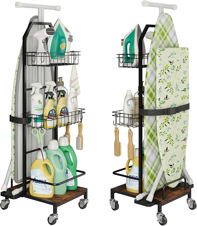 Ironing Board Holder Cart for Small & Narrow Laundry Rooms, Freestanding Iron & Ironing Board Storage Rack for T & X Boards with 3-Tier Shelves, Rolling Metal Wheels, Hooks, No Wall Mount