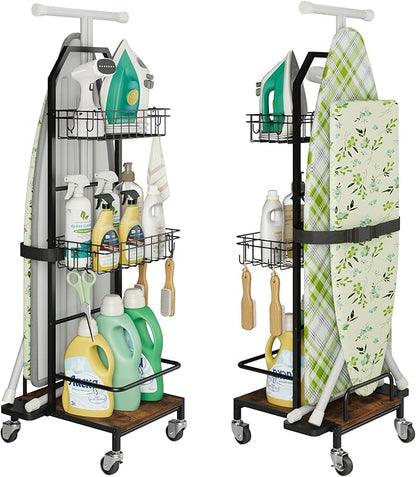Ironing Board Holder Cart for Small & Narrow Laundry Rooms, Freestanding Iron & Ironing Board Storage Rack for T & X Boards with 3-Tier Shelves, Rolling Metal Wheels, Hooks, No Wall Mount