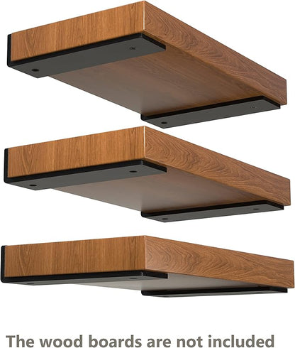 8 Inch Floating Shelf Brackets, Heavy Duty Hidden Bracket for Wall, Mantel, Bookshelves, Black Powder Coated Steel, 6-Pack