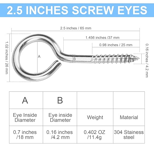 Aovchei Eye Screws, 18Pcs 2.5 inches 304 Heavy Duty Stainless Steel Screw Hooks, Rust-Resistant Self Tapping Eyelet Bolts for Wood, Securing Cables Wires, Indoor & Outdoor for Hanging Artwork