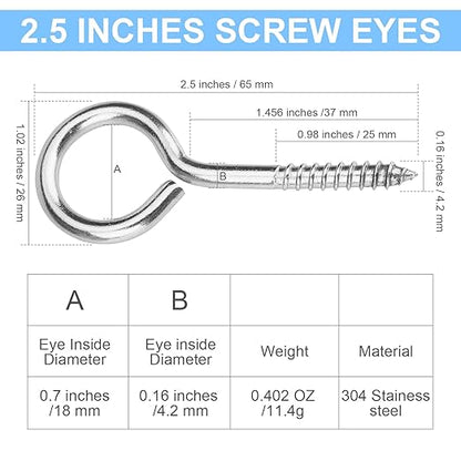 Aovchei Eye Screws, 18Pcs 2.5 inches 304 Heavy Duty Stainless Steel Screw Hooks, Rust-Resistant Self Tapping Eyelet Bolts for Wood, Securing Cables Wires, Indoor & Outdoor for Hanging Artwork
