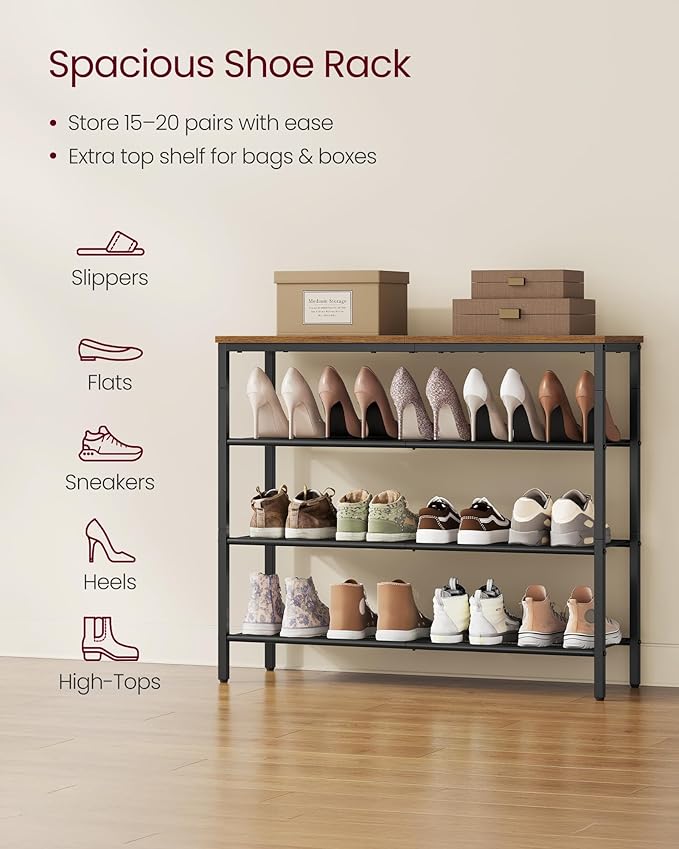 VASAGLE 4-Tier Shoe Rack, Large Shoe Storage Organizer for Closet, Entryway, 15-20 Pairs, with 3 Metal Mesh Shelves, 10.8 x 29.5 x 28.5 Inches, Rustic Brown and Black ULBS114KD01