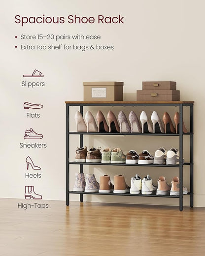 VASAGLE 4-Tier Shoe Rack, Large Shoe Storage Organizer for Closet, Entryway, 15-20 Pairs, with 3 Metal Mesh Shelves, 10.8 x 29.5 x 28.5 Inches, Rustic Brown and Black ULBS114KD01