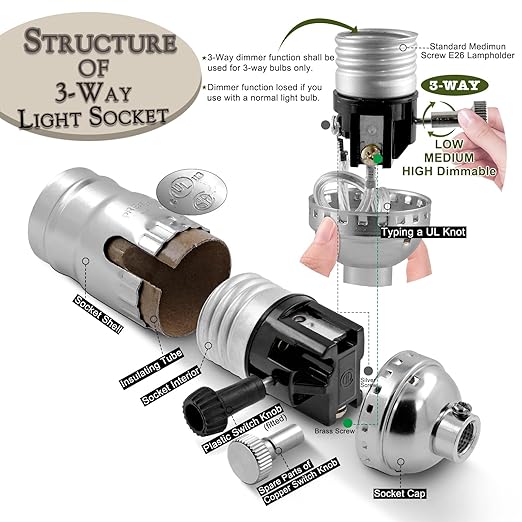Lamp Making Kit,Make a Lamp or Repair Kit,3-Way Lamp Socket with Matching Cord Lamp Harp Set,Lamp Wiring Kit for Table Floor Lamp,Essential Hardware for DIY Lamp Design or Repair (Silver, 1)