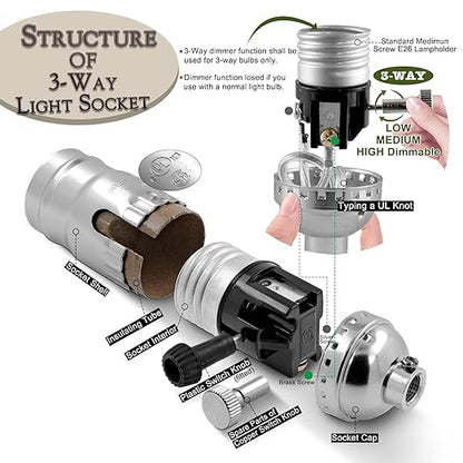 Lamp Making Kit,Make a Lamp or Repair Kit,3-Way Lamp Socket with Matching Cord Lamp Harp Set,Lamp Wiring Kit for Table Floor Lamp,Essential Hardware for DIY Lamp Design or Repair (Silver, 1)