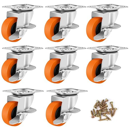 Caster Wheels, 3 Inch Casters Set of 8, Heavy Duty Caster with Brake, Locking Castors with Polyurethane Wheel，Plate Swivel Castor Wheels for Furniture Carts,Workbench Castors,Pack of 8