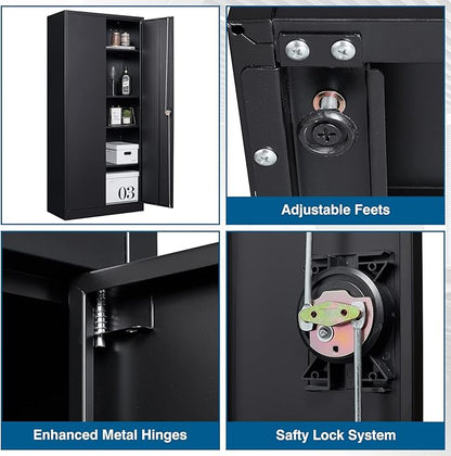 Metal Garage Storage Cabinet, 71" Tool Cabinet with 4 Adjustable Shelves, Metal File Cabinets with Lockable Doors for Garage, Home Office, Gym, School, Utility Room (Black, Assemble Required)