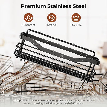 Orimade Shower Caddy Basket Shelf Storage Rack, No Drilling Wall Mounted Adhesive Rust Proof Stainless Steel Shower Organizer with 5 Hooks for Bathroom, Black 2 Pack