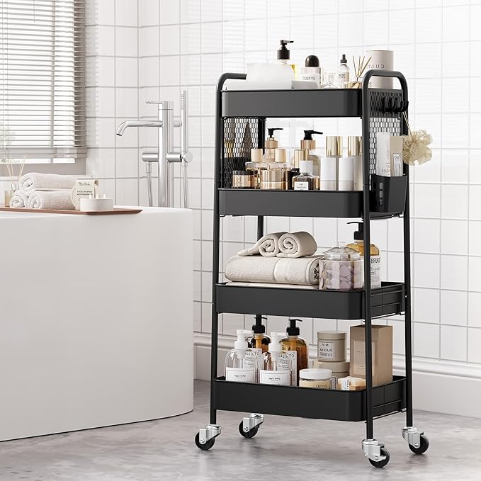 TOOLF 4 Tier Rolling Cart with Pegboard, Metal Storage Organizer Cart with Wheels, Hooks & Bins Esthetician Craft Art Sturdy Storage for Bathroom, Kitchen, Office, Nursery Diaper