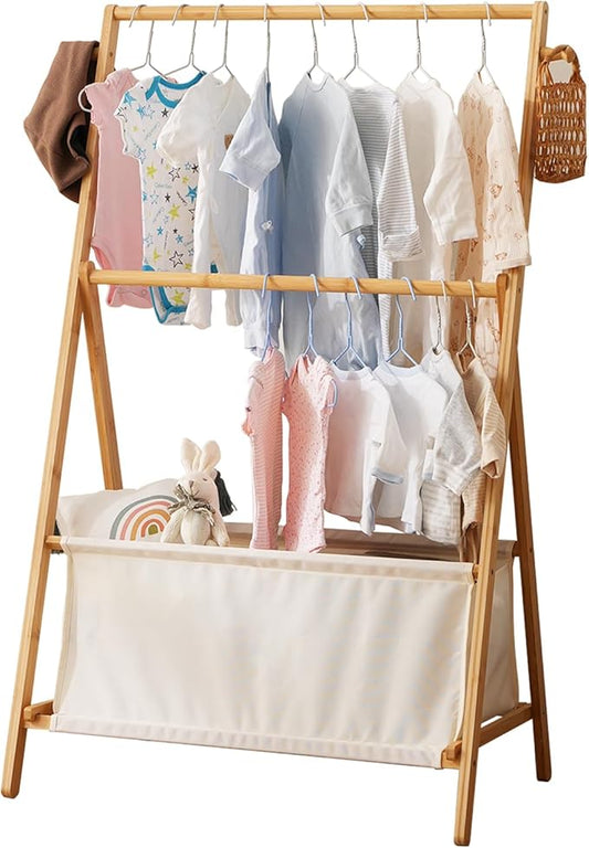 Kids Clothing Rrack- Kids Dress Up Rack for Little Girls, Bamboo Kids Clothes Rack-Feat FSC-Certified wood, Toddler Dress Up Storage Rack & Folding Costume Rack, Pets Clothes Rack, Natural