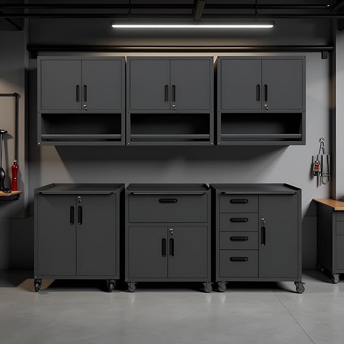 Garage Storage Cabinet System 6pcs Heavy Duty Workshop Set Wall Cabinet Lockable Rolling Tool Cabinets with Adjustable Shelves Metal Garage Storage Cabinets, Black