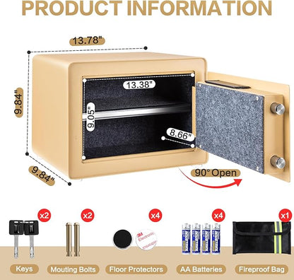 Safe for Home, Small Safe with Fireproof Bag, Removable Shelf, 1.0 Cubic Feet Digital Electronic Security Money Box for Cash, Document, Home, Office, Hotel Use, Champagne Gold，9.84"Dx 13.78"W x 9.84"H
