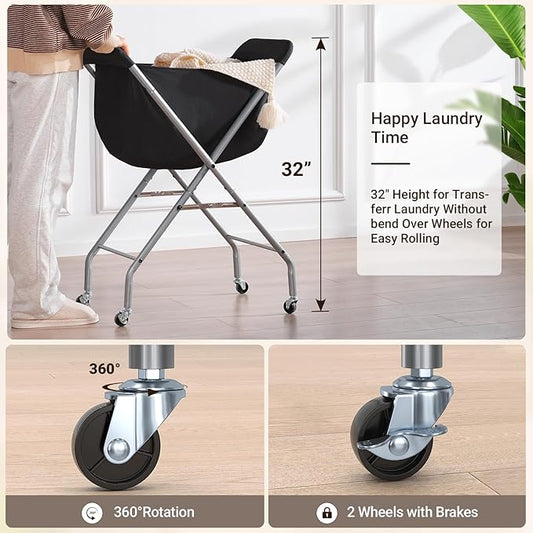 ELYKEN Laundry Cart with Wheels, 32”H Easy Rolling Laundry Hamper with Removable Liner Bag, Sturdy Metal Frame Clothes Basket with 4 Casters and 2 Brakes