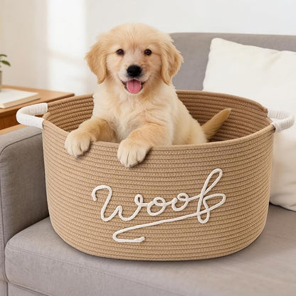 Woof Dog Toy Basket, Large Dog Toy Storage Bin with Durable Handles, Woven Dog Basket for Blankets, Toys, Chews, Pet Toy Storage Box for Nursery, Living Room, Bedroom, 17”x12”x9, Beige
