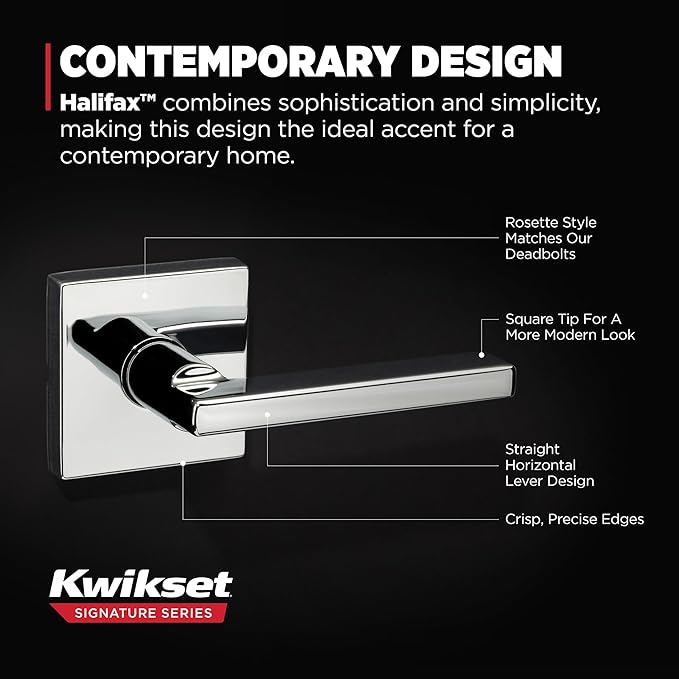 Kwikset Halifax Interior Passage Door Handle, Lever For Closet and Hallway Doors, Reversible Non-Locking Handle Lever, Polished Chrome, Square Rose