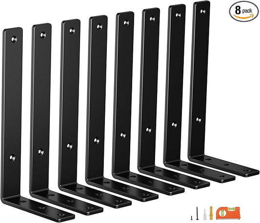 8-Pack 12 Inch Heavy Duty Shelf Brackets, Premium Floating L Bracket for Wall, Kitchen, Mantel Shelves Support | Quarter Inch (1/4") Thick | Black Powder Coated Steel