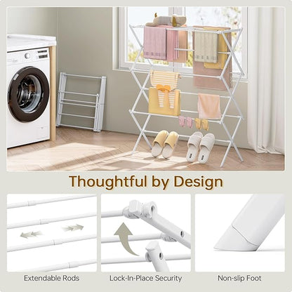 KINGBOARD Clothes Drying Rack, Collapsible Drying Rack Clothing with 11 Poles, 3-Tier Laundry Drying Rack, Small Clothes Drying Rack Foldable for Baby Clothes Sock Towel, 25lb Capacity, White & Grey