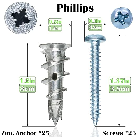 Zinc Self-Drilling Drywall Anchors with Screws Kit, 25 Heavy Duty Metal Wall Anchors and 25#8 x 1-1/4'' Screws - 50 Pieces All Together