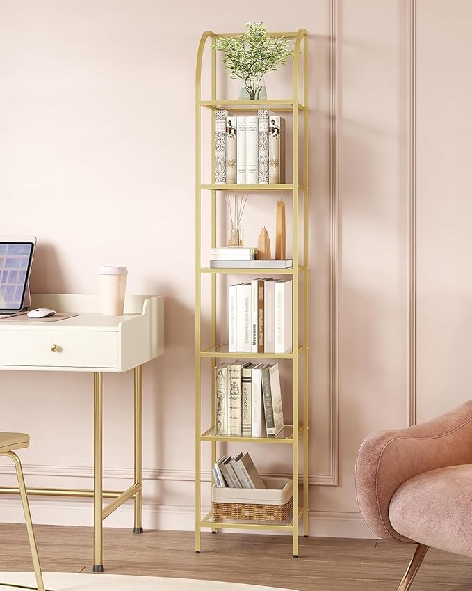 Bookcase Bookshelf, Tempered Glass Arched Bookshelf for More Storage, Slim Shelving Unit for Bedroom, Bathroom, Home Office, Steel Frame, 6 Tier Gold BC20699G