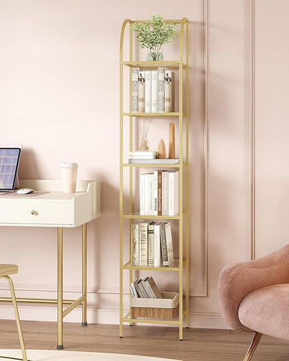 Bookcase Bookshelf, Tempered Glass Arched Bookshelf for More Storage, Slim Shelving Unit for Bedroom, Bathroom, Home Office, Steel Frame, 6 Tier Gold BC20699G