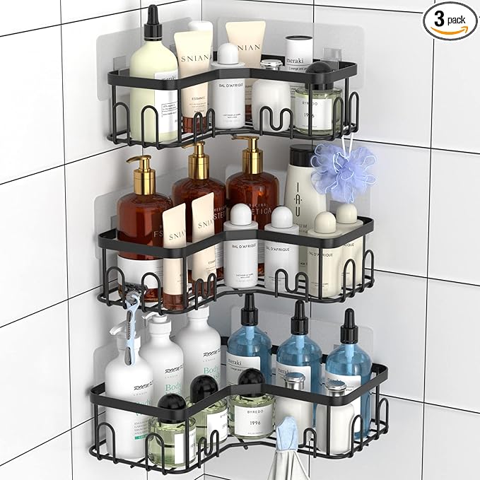 Menbyci 3 Pack Corner Shower Caddy, Adhesive Bathroom Shelves with 18 Hooks, Drill-Free & Quick-Dry Shower Organizer with Large Capacity, Rustproof Stainless Steel Bathroom Corner Storage Rack, Black