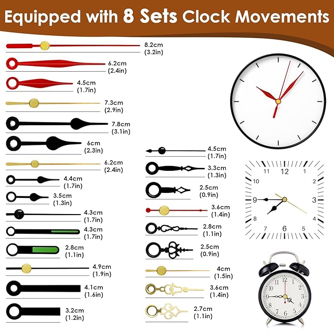 3PCS Clock Mechanism Kit, Quartz Clock Movement Replacement with 8 Pairs of Short Clock Hands, Battery Clock Replacement Mechanism Include Clock Hands DIY Repair Parts (Total Shaft Length 16/20/23mm)