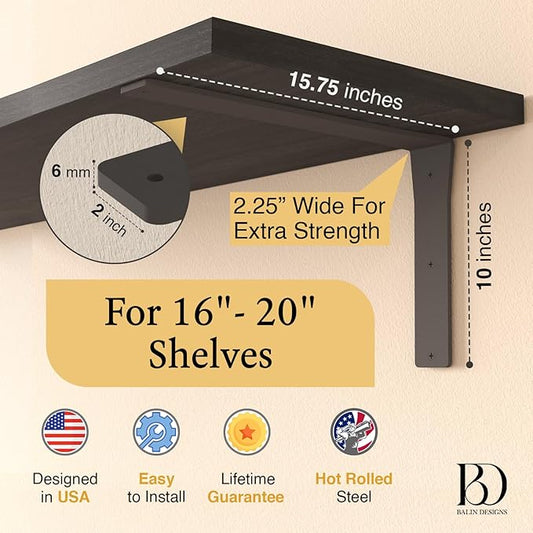 4 Pack Heavy Duty Shelf Brackets 16 Inch by Balin Designs – Decorative L Bracket for Shelves, Metal Shelf Support Bracket, Wall Mounted Countertop Iron Corbels, Floating Black Shelving Brackets