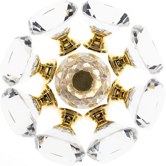 YourGift 12 Pack Drawer Knobs Diamond Shaped Crystal Glass 40mm Cabinet Knobs Pull Handles (40 mm, 12 Pack, Gold)
