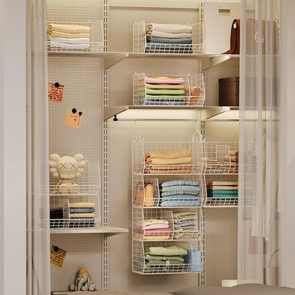 4 Tier Extra Large Hanging Closet Organizer,Closet Organizer Hanging with 5 S Hooks 4 Dividers,Clothes Organizer Clothing Sweaters Clutches Handbags Hats Accessories-White