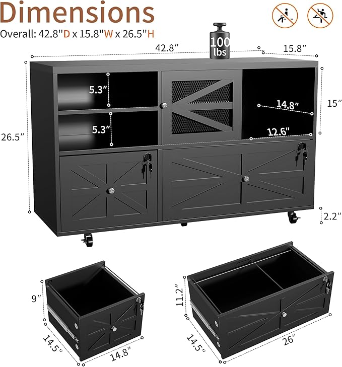Semoic 2 Drawer Mobile File Cabinet with Lock, Farmhouse Lateral Filing Cabinet for Home Office, Fits Letter Legal A4 Size, Open Storage Adjustable Shelf, Black