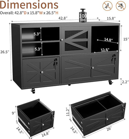 Semoic 2 Drawer Mobile File Cabinet with Lock, Farmhouse Lateral Filing Cabinet for Home Office, Fits Letter Legal A4 Size, Open Storage Adjustable Shelf, Black