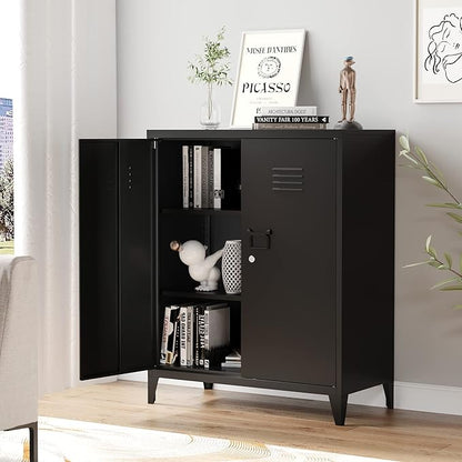 Metal Storage Cabinet with Lock, Locking Cabinets with 2 Doors and Shelves, Lockable Steel Locker Cupboard, Small Sideboard Buffet Cabinet for Home Office
