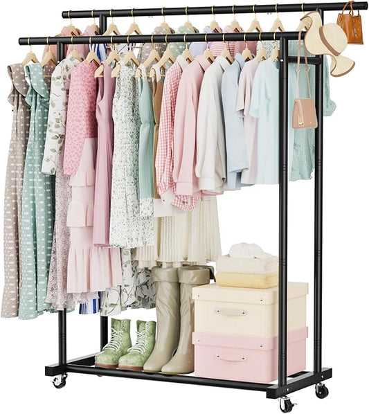 Abiglifty Double Rods Clothes Rack for Hanging Clothes, Clothing Rack with Wheels, Portable Closet Organizer for Laundry, Room (Black)