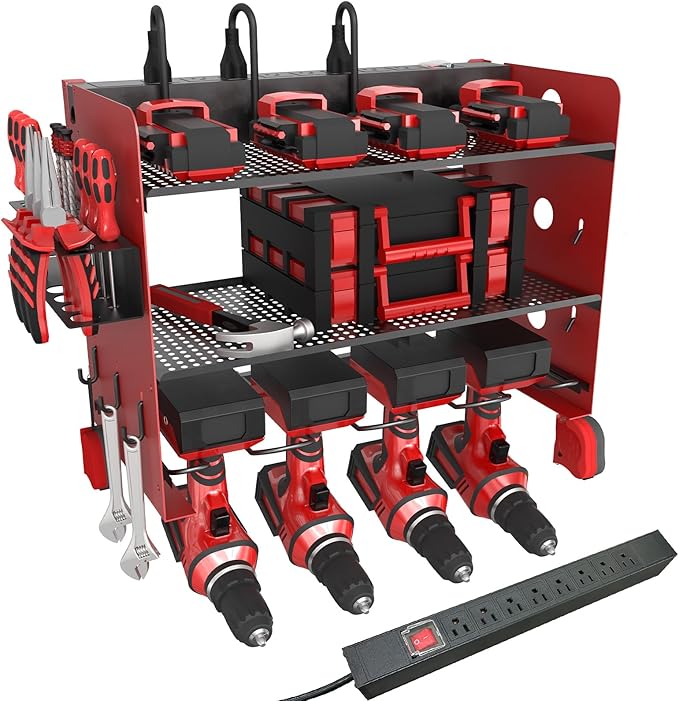 NWH Power Tool Organizer Wall Mount with Charging Station，3 Layer Storage Rack for Organization 4 Drill Storage Shelf with Hooks, Drill Bit Heavy Duty Rack, with 8 Outlet Power for Garage and Workshop