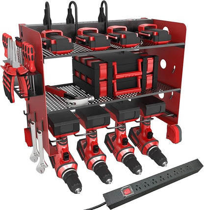 NWH Power Tool Organizer Wall Mount with Charging Station，3 Layer Storage Rack for Organization 4 Drill Storage Shelf with Hooks, Drill Bit Heavy Duty Rack, with 8 Outlet Power for Garage and Workshop