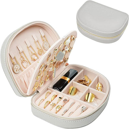 ProCase Travel Size Jewelry Box, Medium Portable Seashell-Shaped Jewelry Case, 2 Layer Mini Jewelry Organizer in PU Leather for Women -Silver