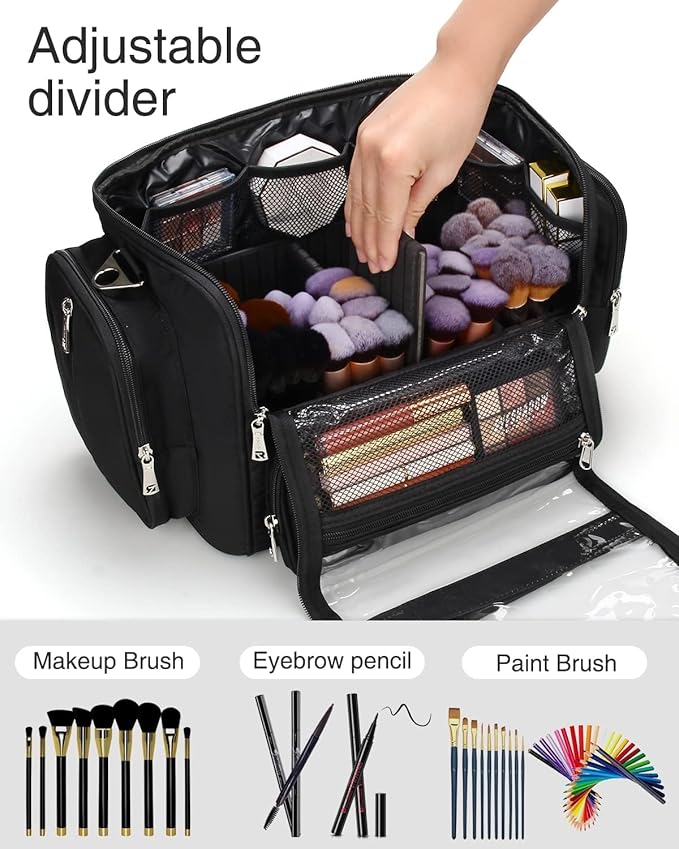 TANTO Makeup Brush Bag, Extra Large Makeup Case Professional Makeup Artist Bag Stand-up Cosmetic Bag Travel Makeup Brush Case with Shoulder Strap and Adjustable Divider