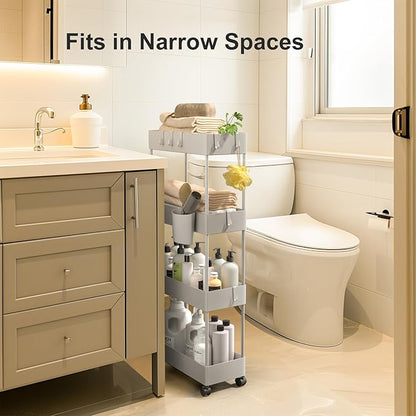 Pipishell Slim Storage Cart with Wheels, 4 Tier Bathroom Storage Organizer Rolling Utility Cart for Bathroom Kitchen Laundry Room Office Narrow Place (Gray)
