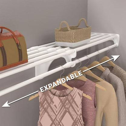 EZ Shelf - White Expandable 65.3” to 120” Closet Rod and Shelf - 200 lbs. Capacity – Quick - Install Closet Shelves for Closets, Laundry Rooms, and Offices – Mounts to Back Wall with 2 End Brackets