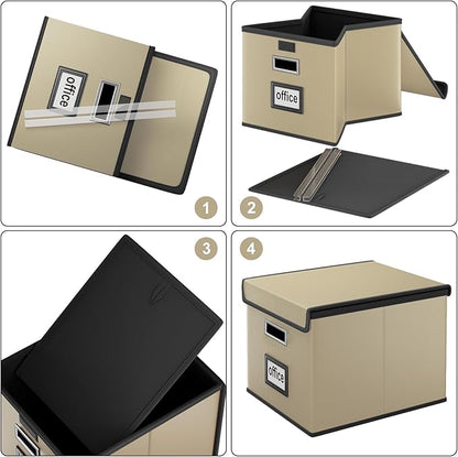 Huolewa File Organizer Boxes with Lids, Collapsible Faux Leather Hanging File Folder Box Organizer with Plastic Slide, Decorative Home/Office Filing System Boxes for File and Folders Storage