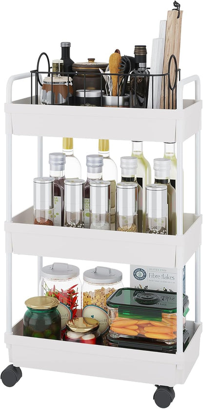 Buzowruil Rolling Storage Cart 3 Tier Organizer Mobile Shelving Unit Storage Rolling Utility Cart with Wheels for Kitchen Bathroom Laundry,White