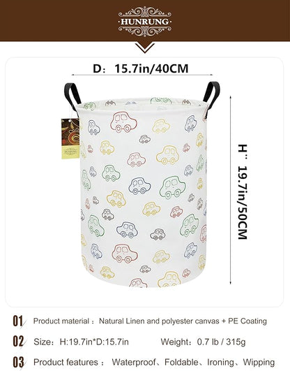 HUNRUNG Laundry Hamper,Large Canvas Fabric Lightweight Storage Basket Toy Organizer Dirty Clothes Collapsible Waterproof for College Dorms（Round-Car）