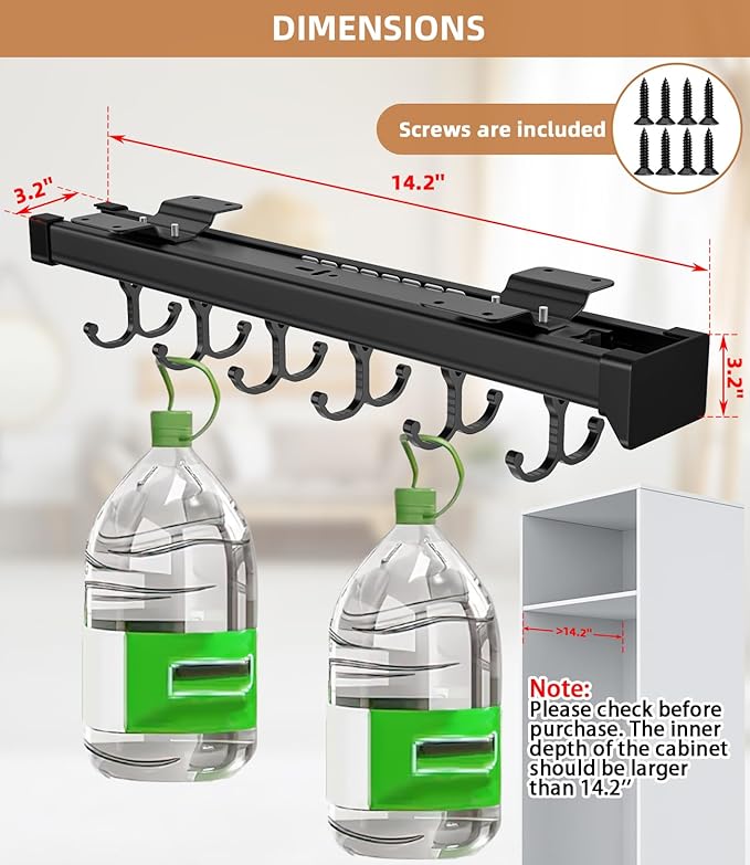 Pull Out Broom Holder With Adjustable Double Row Sliding Hook, Multifunctional Slide Broom And Mop Storage/Organizer Garage Organization Hooks, for Closet Laundry Garage - 36cm/14.17in