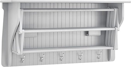 Danya B Accordion Clothes Drying Rack, Retractable, Wall Mounted Towel Rack and Hooks for Clothes and Towels for use in Laundry Room or Garage (White)
