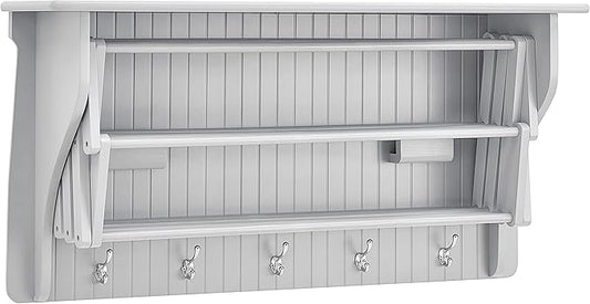 Danya B Accordion Clothes Drying Rack, Retractable, Wall Mounted Towel Rack and Hooks for Clothes and Towels for use in Laundry Room or Garage (White)