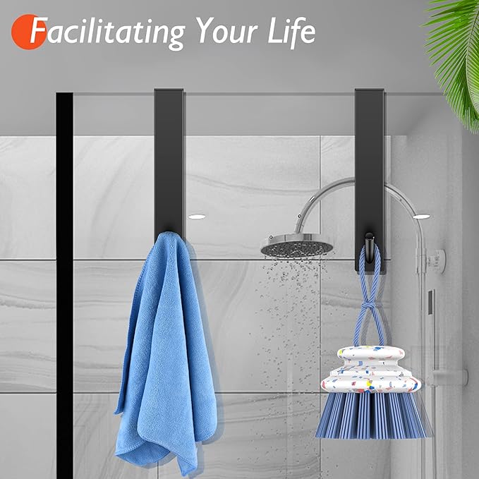 Shower Door Hooks(7.5 Inch),Extended Over Door Hooks for Bathroom Frameless Glass Shower Door,Stainless Steel Towel Hooks,Heavy Duty Rack Hooks for Robe,Towel-2 Pack-Black