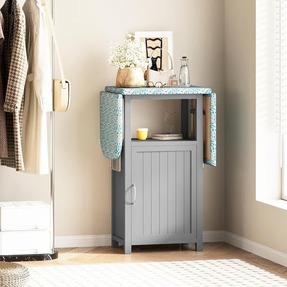 Ironing Board with Storage Cabinet, Folding Ironing Board with Extra Storage, Solid Wood Fold Down Ironing Station with Heat-Resistant Sponge for Small Spaces, Laundry Room (Brown Grey)
