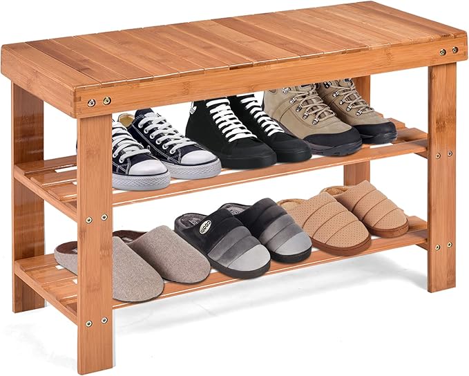 COSTWAY Bamboo Shoe Rack Bench 3-Tier Free Standing Wood Shoe Storage Organizer Shelf Holder Home Entryway Hallway Furniture Eco-Friendly (Natural)