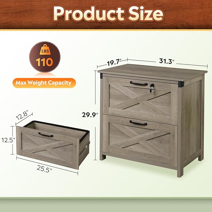 DEVAISE 2 Drawer File Cabinet, Lateral Wood Filing Storage Cabinet with Lock, Farmhouse Printer Stand for Home Office Fits Letter/Legal/A4 Size, Gray Oak